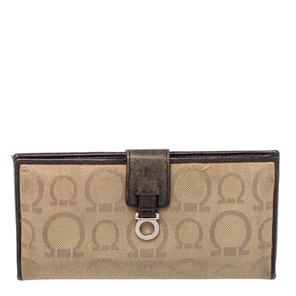 Salvatore Ferragamo Beige/Brown Gancini Canvas and Leather...